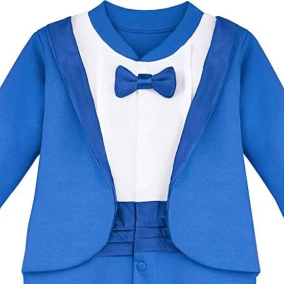 Baby Boy Blue Gentleman Tuxedo Footie Outfit with Bow Tie SZ NB - Picture 8 of 11